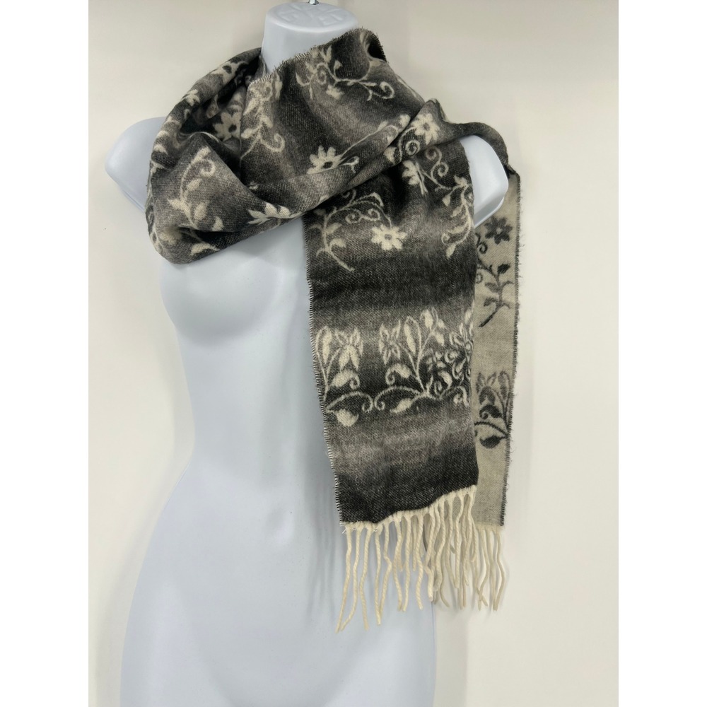 Scottish 100% Cashmere Floral Vine Ombre Gradient Fringe Scarf Gray Cream